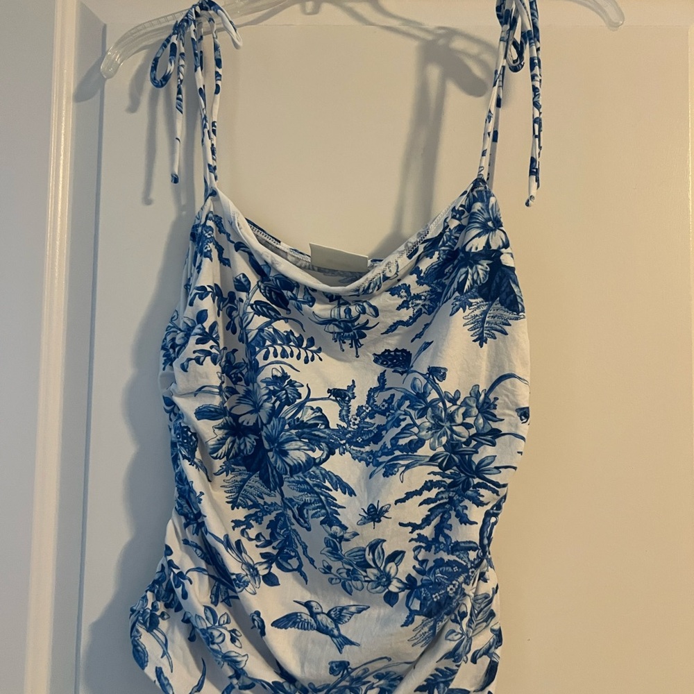 Anthropologie White and Blue Floral Top